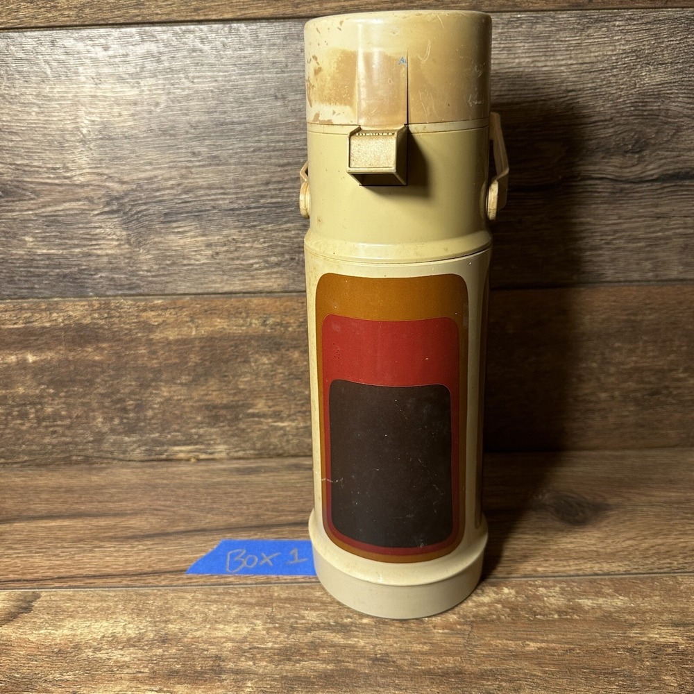 Vintage 1970s Retro‎ Thermos Sunset Graphic Insulated Bottle Beige Orange Brown